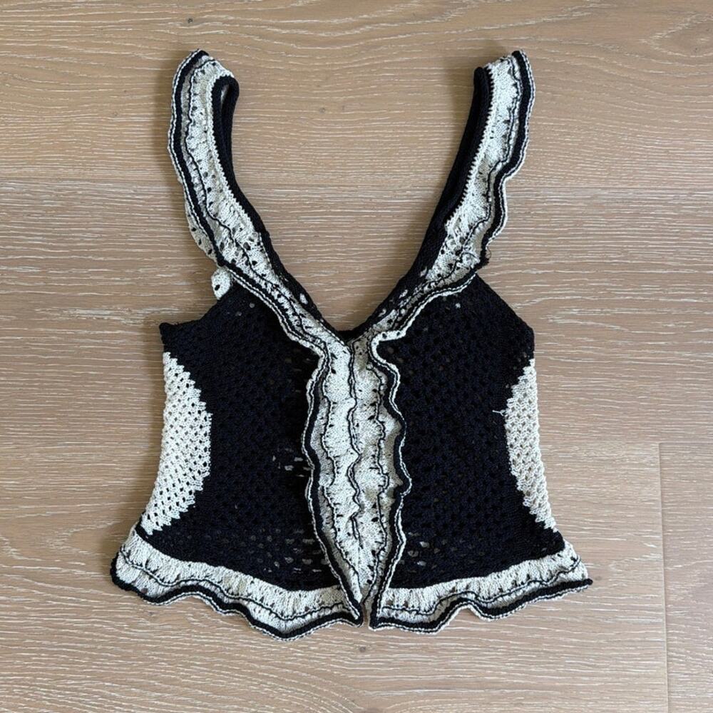 Zara Top Sleeveless Crochet Ruffles Size S Black Cream